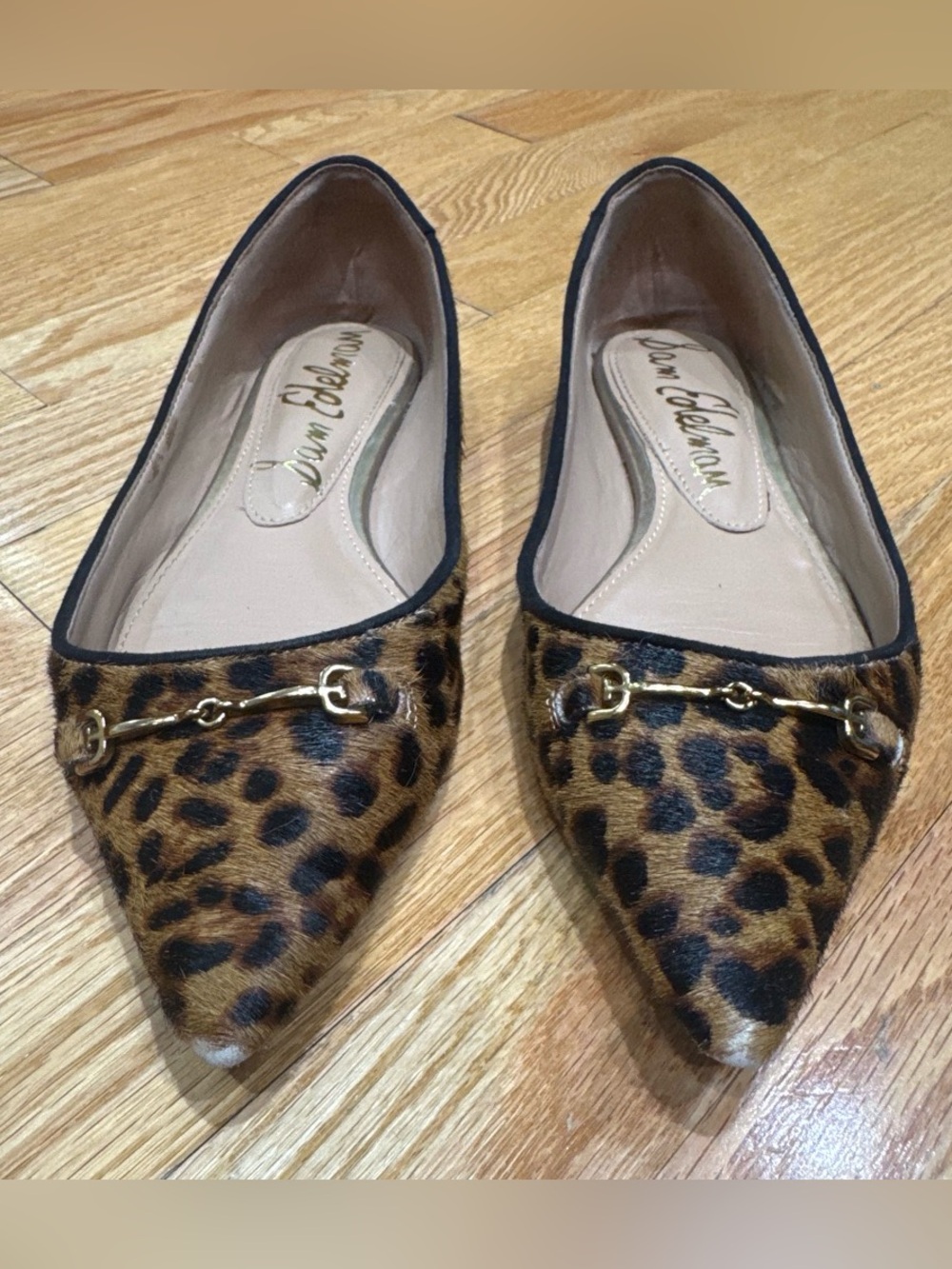 Sam Edelman Leopard Print Pointed Toe Flats with Gold Horsebit